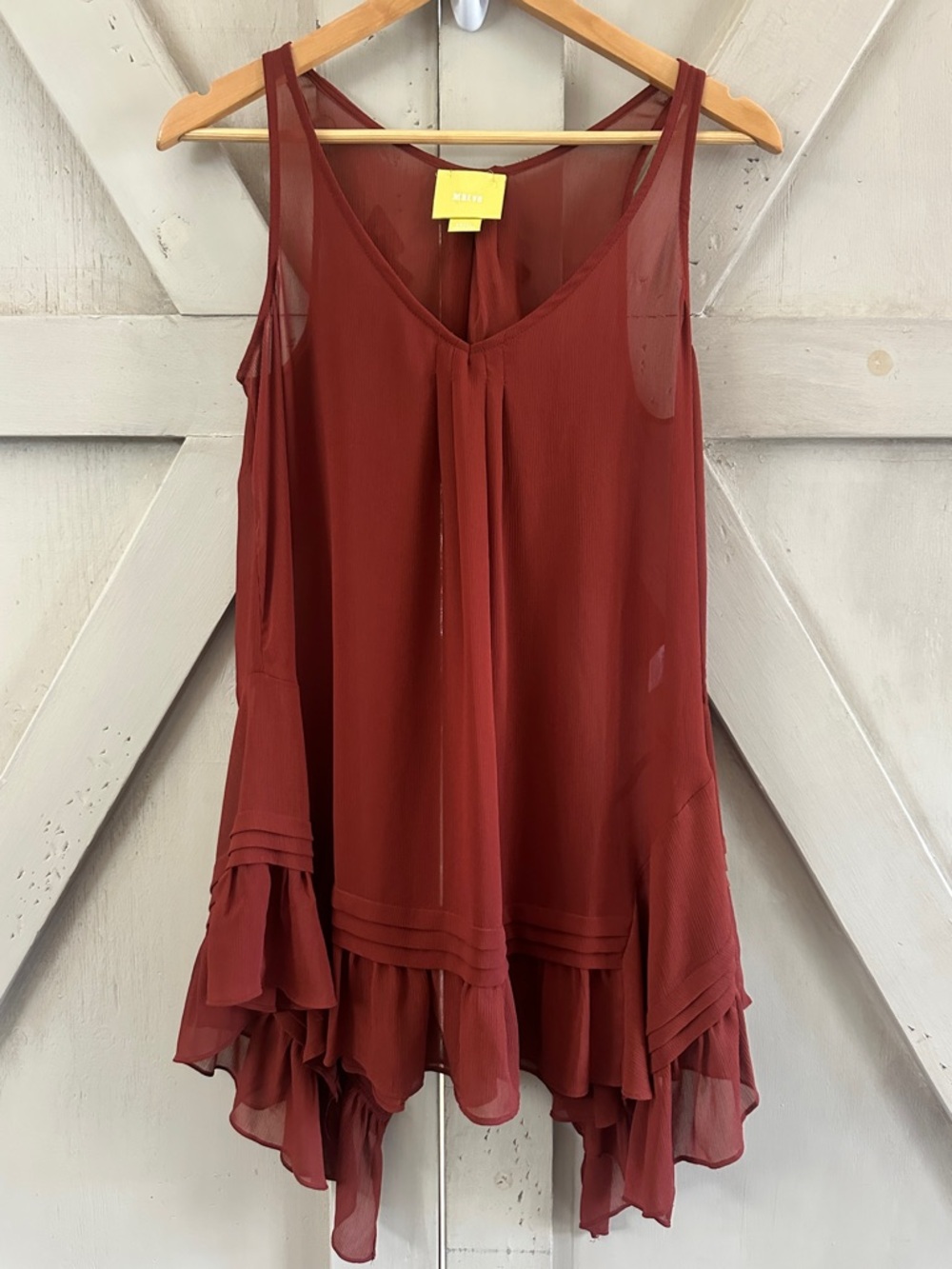 Anthropologie Maeve Magda Sheer Ruffle Hem Tunic Rust Red Boho Flowy Small